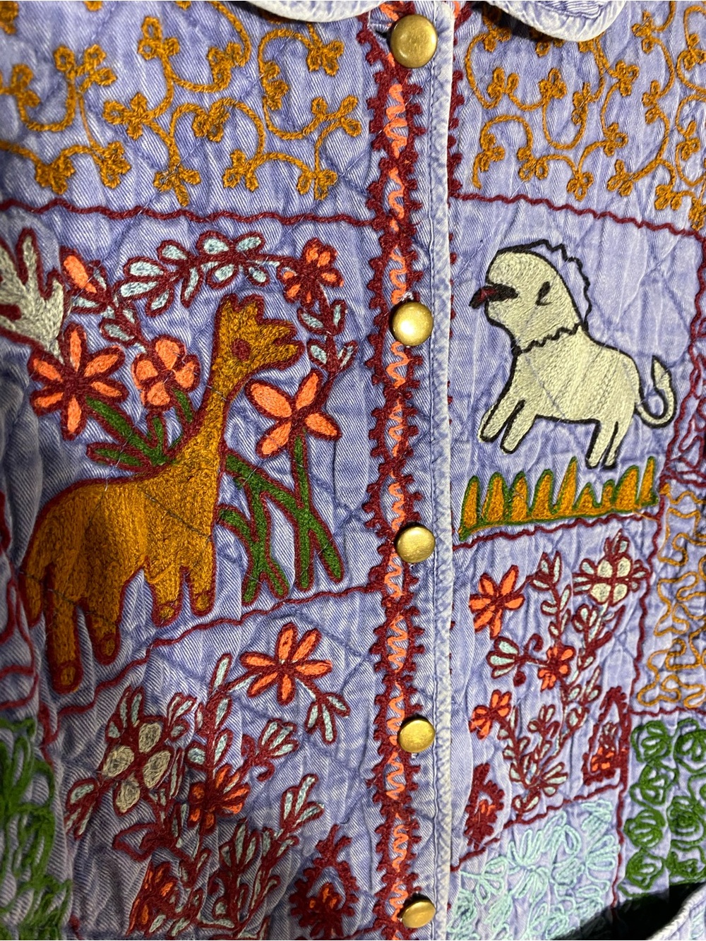 Vintage 90s Kantha Quilt Jacket Patchwork Boho Folk Art Embroidered Animals M - Picture 6 of 16